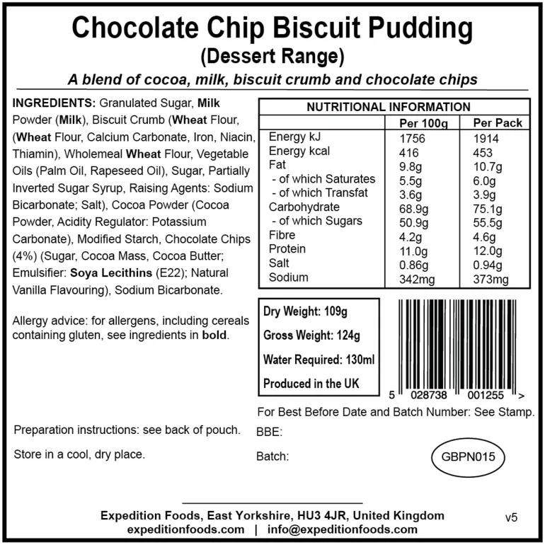 Expedition Foods Chocolate Chip Biscuit Pudding - Dessert Range